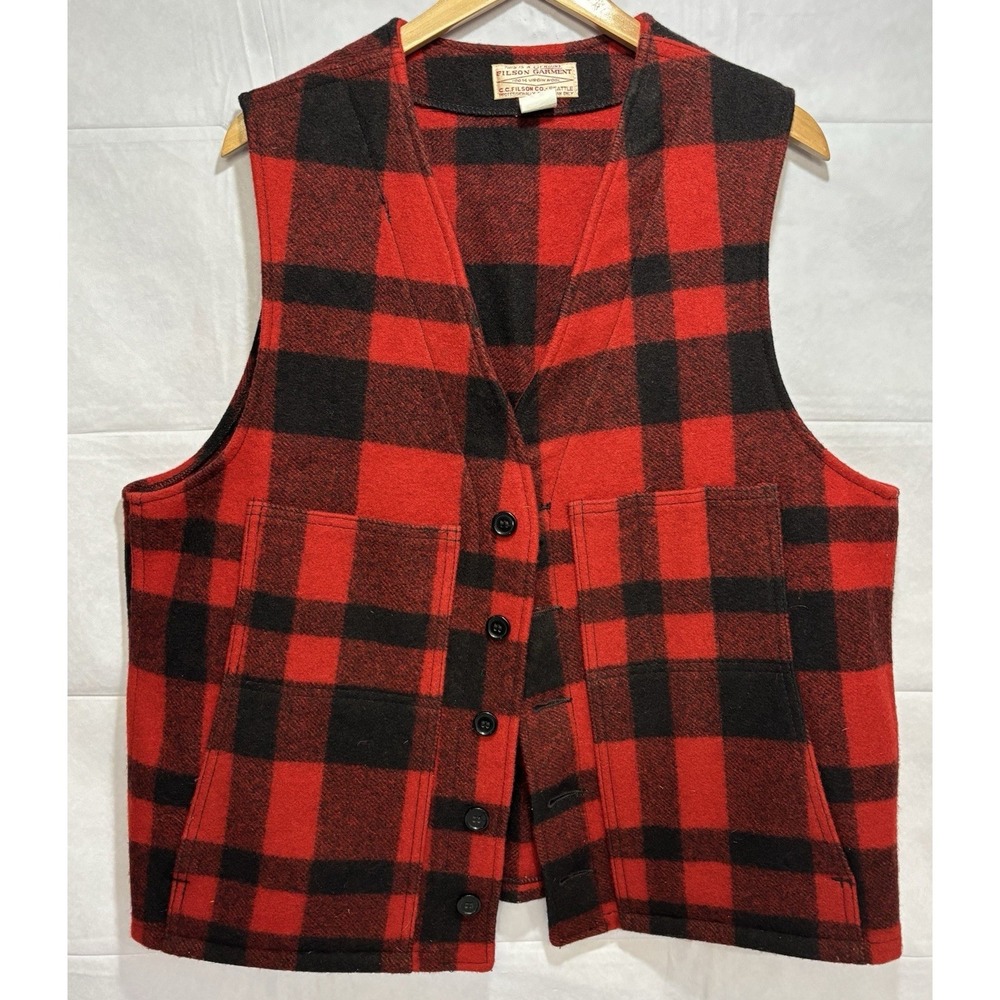 Filson Vest Mackinaw Heavy Wool Hunting Men's Size 46 Made USA Buffalo Plaid Red
